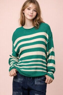 12W-3603N Kelly Green | Striped Oversized Knit Summer Sweater Top | Sizes S-L